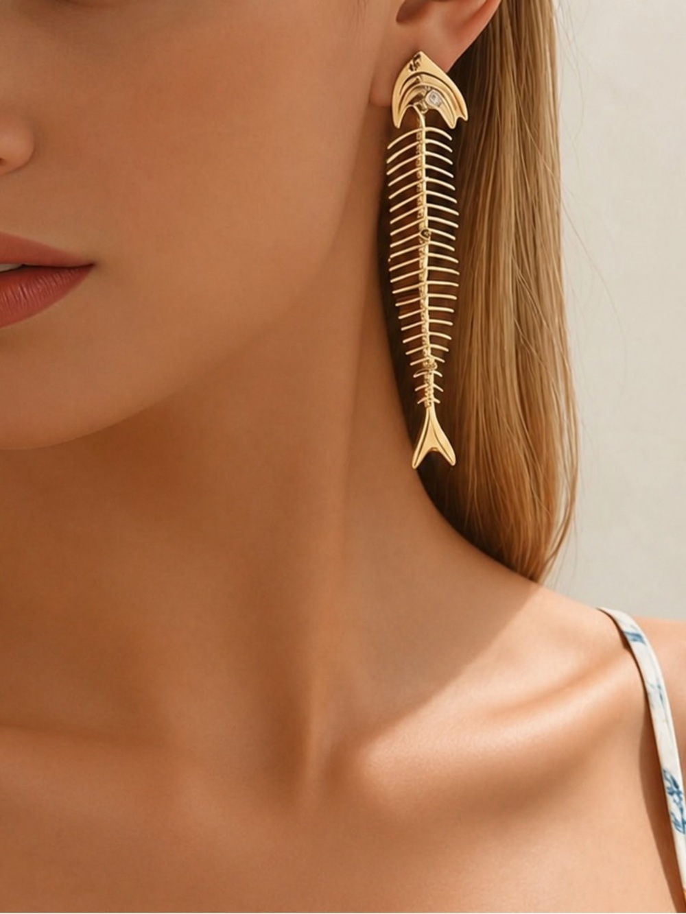 Gold Fishbone Drop Earrings - Picture 4 of 5